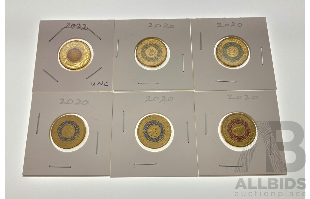 Six Australian Commemorative Two Dollar Coins Including 2020 Olympic Passion(2), Courage, Striving, Dedication and 2022 Honey Bee