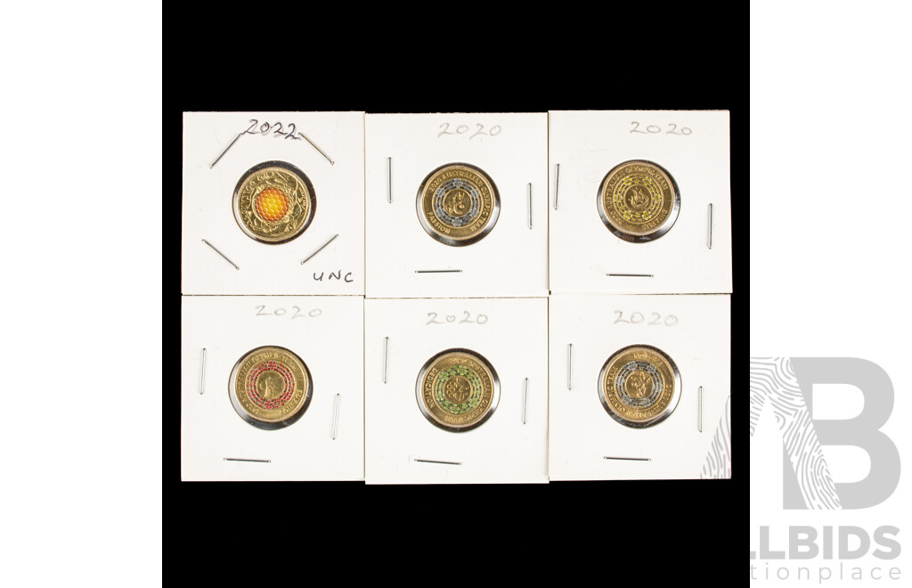 Six Australian Commemorative Two Dollar Coins Including 2020 Olympic Passion(2), Courage, Striving, Dedication and 2022 Honey Bee