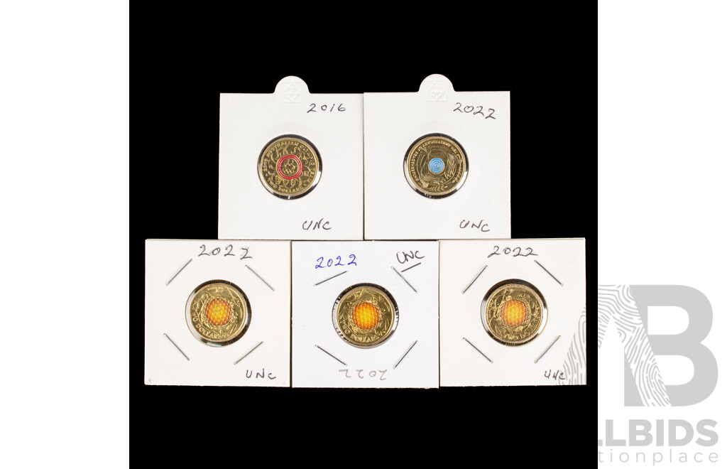 Five Australian Commemorative Two Dollar Coins Including Three 2022 Honey Bee, 2022 Seventy Five Years of Peacekeeping, 2016 Olympics