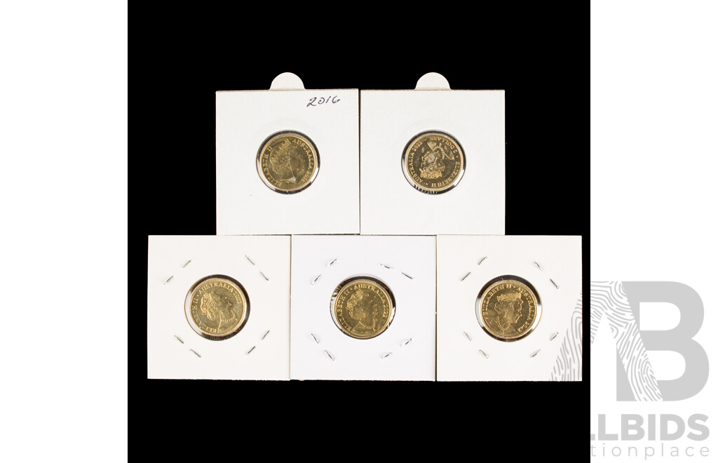 Five Australian Commemorative Two Dollar Coins Including Three 2022 Honey Bee, 2022 Seventy Five Years of Peacekeeping, 2016 Olympics