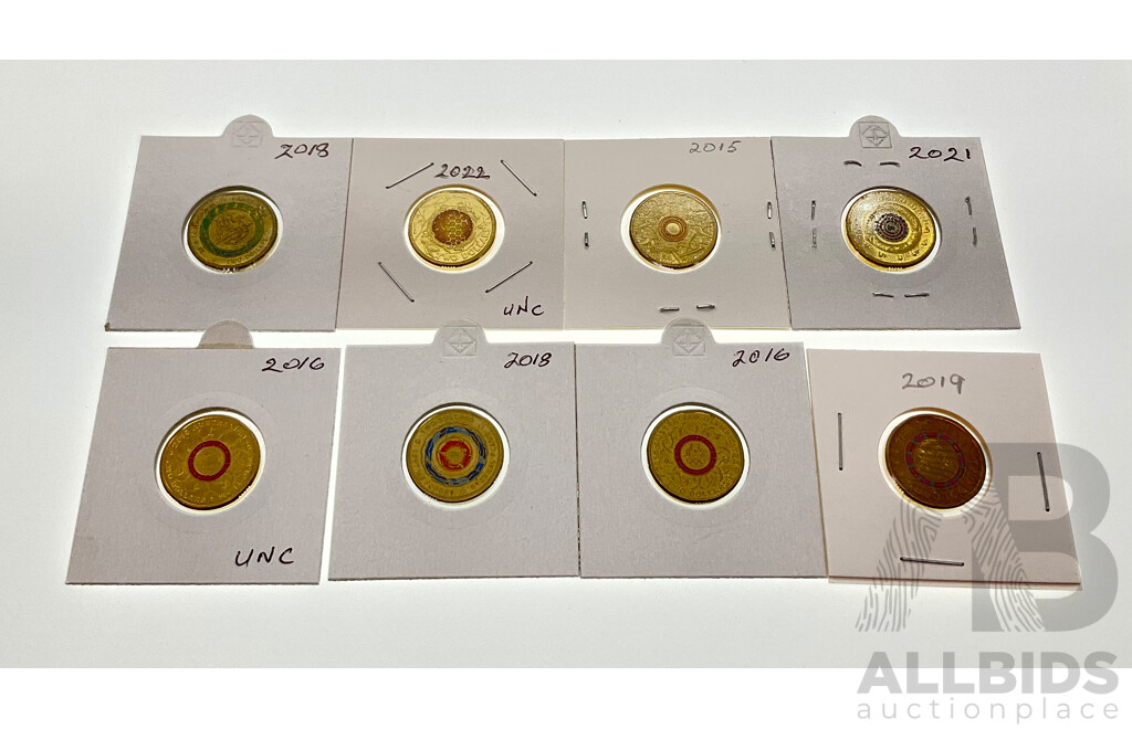 Eight Australian Commemorative Two Dollar Coins Including 2022 Honey Bee, 2015 Remembrance, 2021 Indigenous Military Service, 2018 Commonwealth Games, 2019 Mr Squiggle, 2016 Olympics, 2018 Lest We Forget, 2016 Olympics