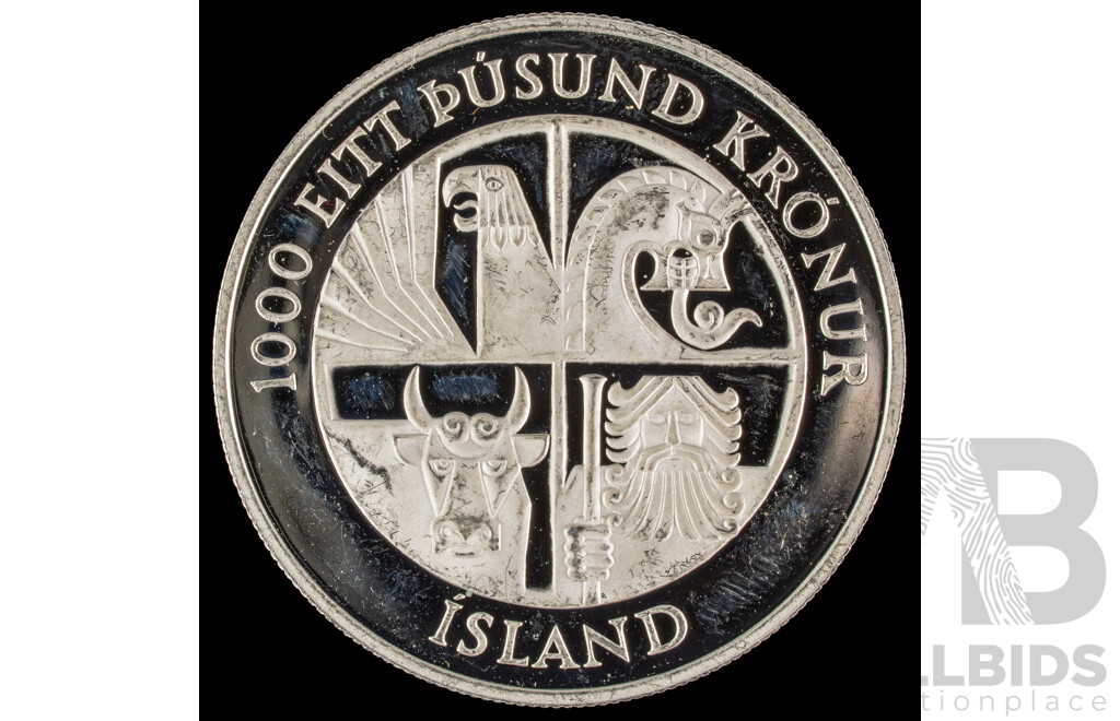 Iceland 1974 Silver 1000 Kronur Coin, 1100th Anniversary of the First Settlement on the Island .925