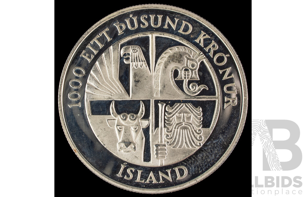 Iceland 1974 Silver 1000 Kronur Coin, 1100th Anniversary of the First Settlement on the Island .925