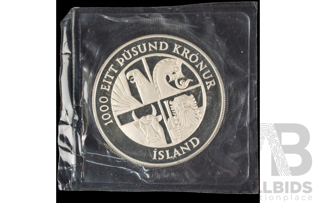 Iceland 1974 Silver Proof 1000 Kronur Coin, 1100th Anniversary of the First Settlement on the Island .925