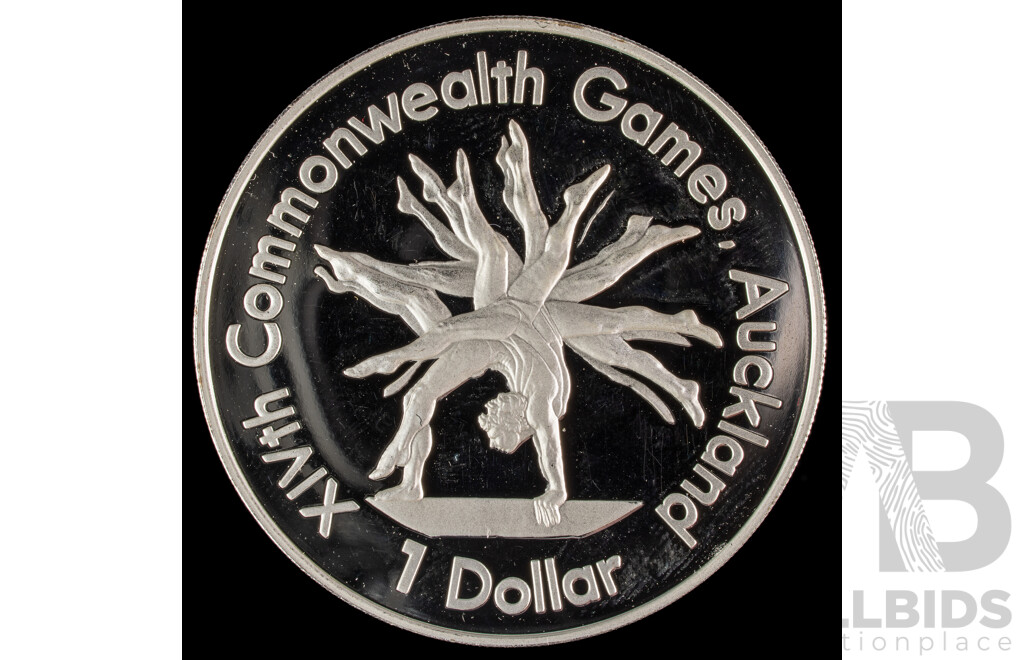 New Zealand 1989 Silver Proof One Dollar Coin, Commonwealth Games Gymnast .925