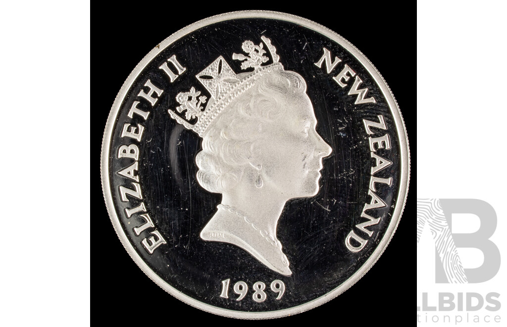 New Zealand 1989 Silver Proof One Dollar Coin, Commonwealth Games Gymnast .925