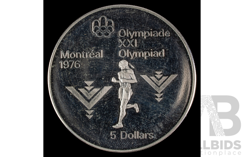 Canada 1975 Silver Five Dollar Coin, 1976 Olympics, Montreal Marathon .925
