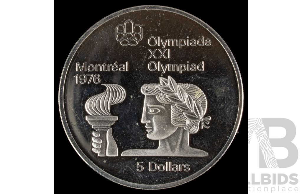 Canada 1975 Silver Five Dollar Coin, 1976 Olympics, Montreal, Athlete with Torch .925