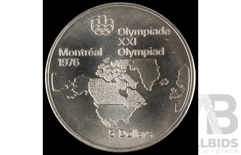 Canada 1975 Silver Five Dollar Coin, 1976 Olympics, Montreal, Map of North America.925
