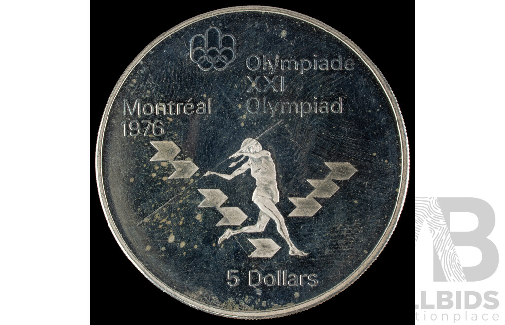 Canada 1975 Silver Five Dollar Coin, 1976 Olympics, Montreal, Javelin.925