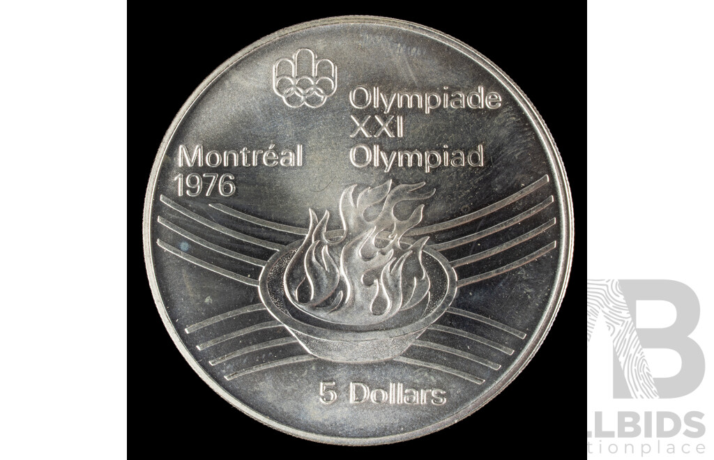 Canada 1975 Silver Five Dollar Coin, 1976 Olympics, Montreal, Olympic Flame .925