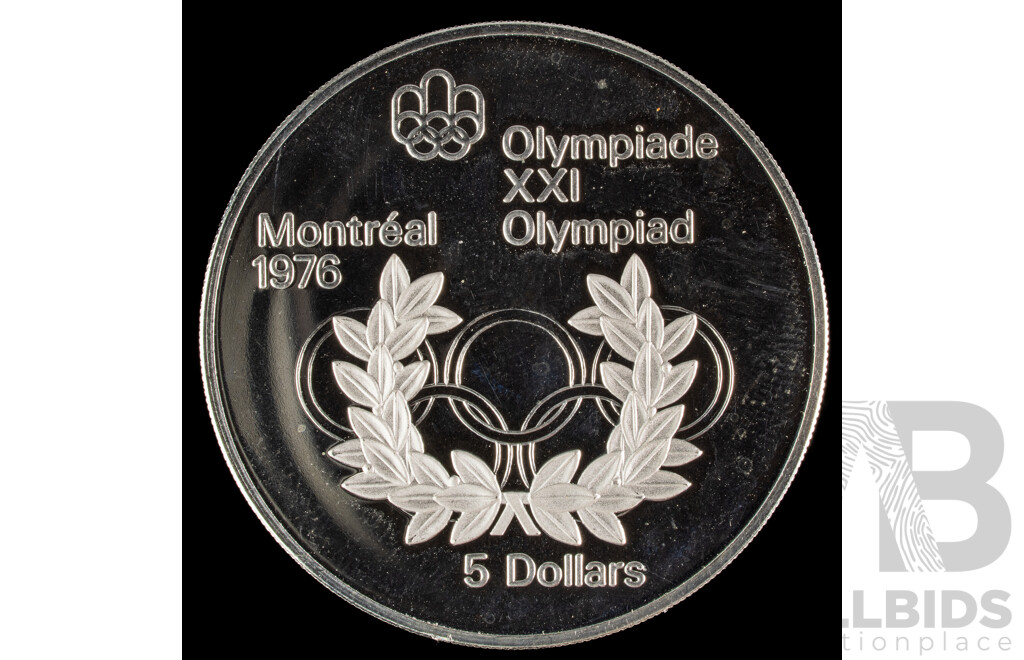 Canada 1975 Silver Five Dollar Coin, 1976 Olympics, Montreal, Olympic Wreath .925