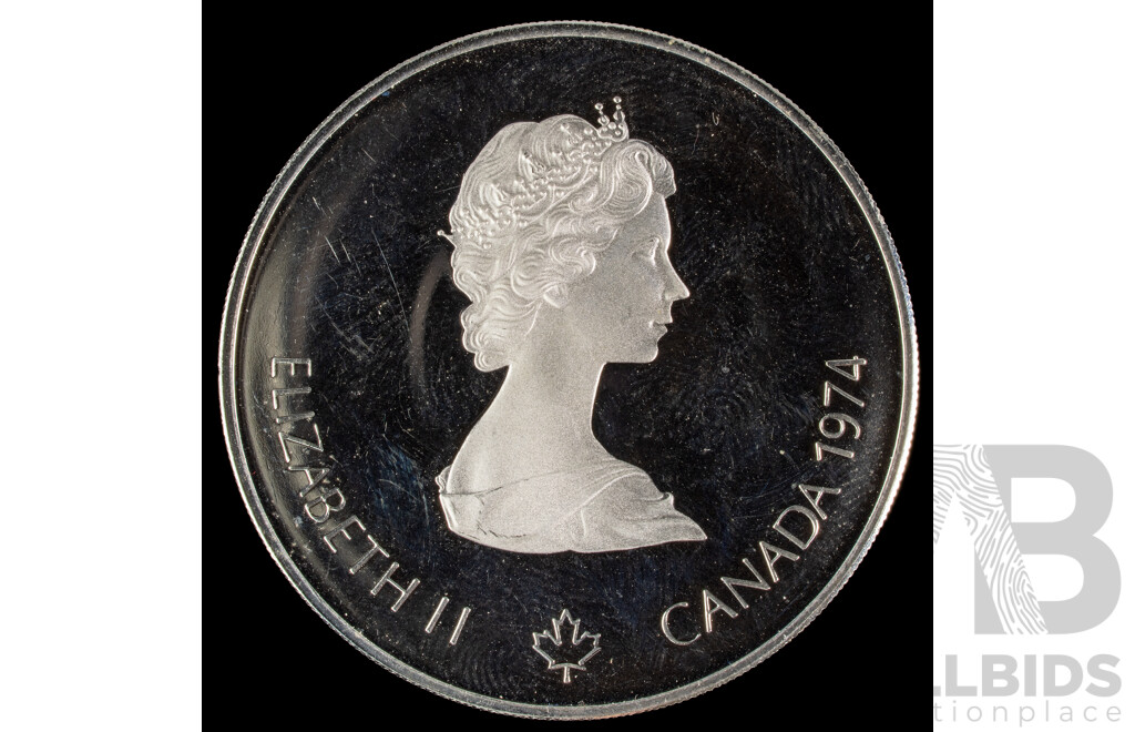 Canada 1975 Silver Five Dollar Coin, 1976 Olympics, Montreal, Olympic Wreath .925