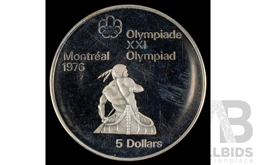 Canada 1975 Silver Five Dollar Coin, 1976 Olympics, Montreal, Canoeing Indian .925