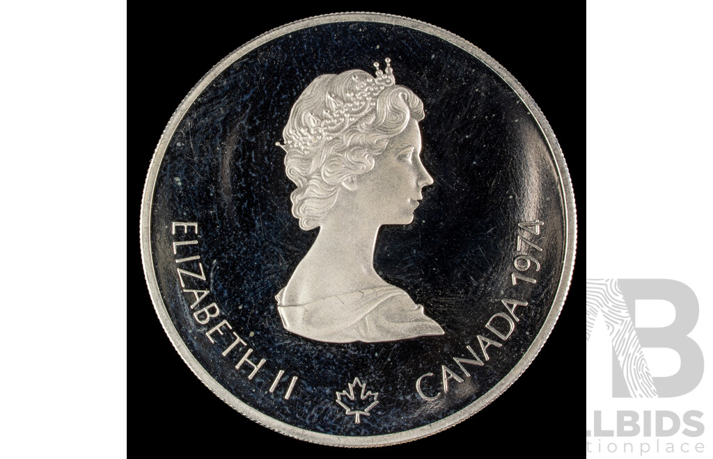 Canada 1975 Silver Five Dollar Coin, 1976 Olympics, Montreal, Canoeing Indian .925