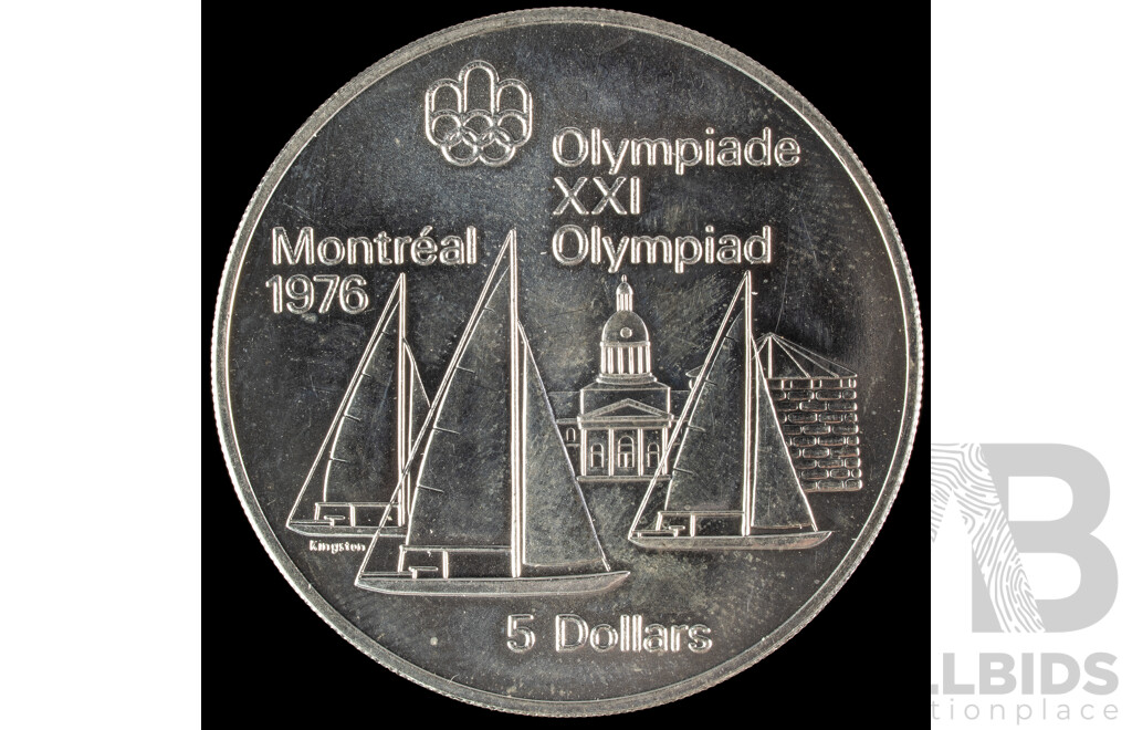 Canada 1975 Silver Five Dollar Coin, 1976 Olympics, Montreal, Sail Boats.925