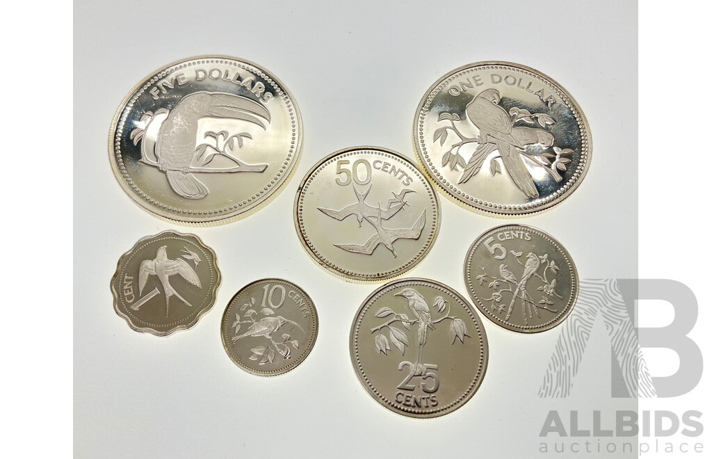 Seven Belize 1975 Silver Proof Coins .925