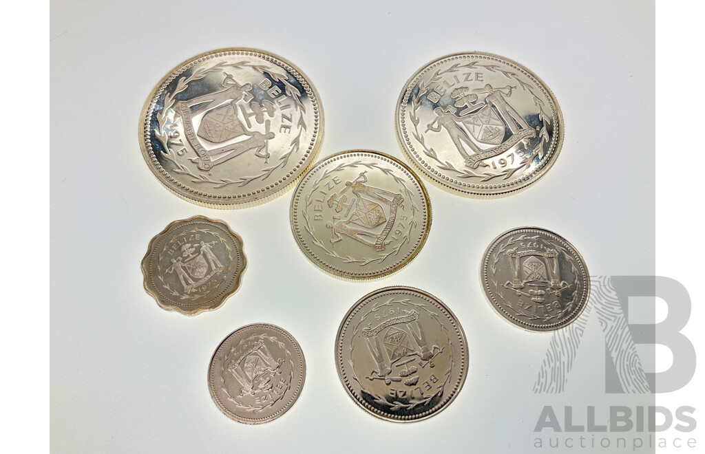 Seven Belize 1975 Silver Proof Coins .925