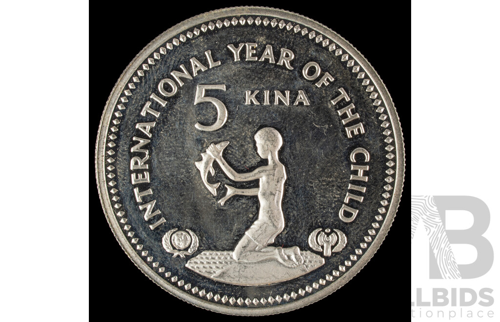 Papua New Guinea 1981 Silver Five Kina Coin, International Year of the Child .500