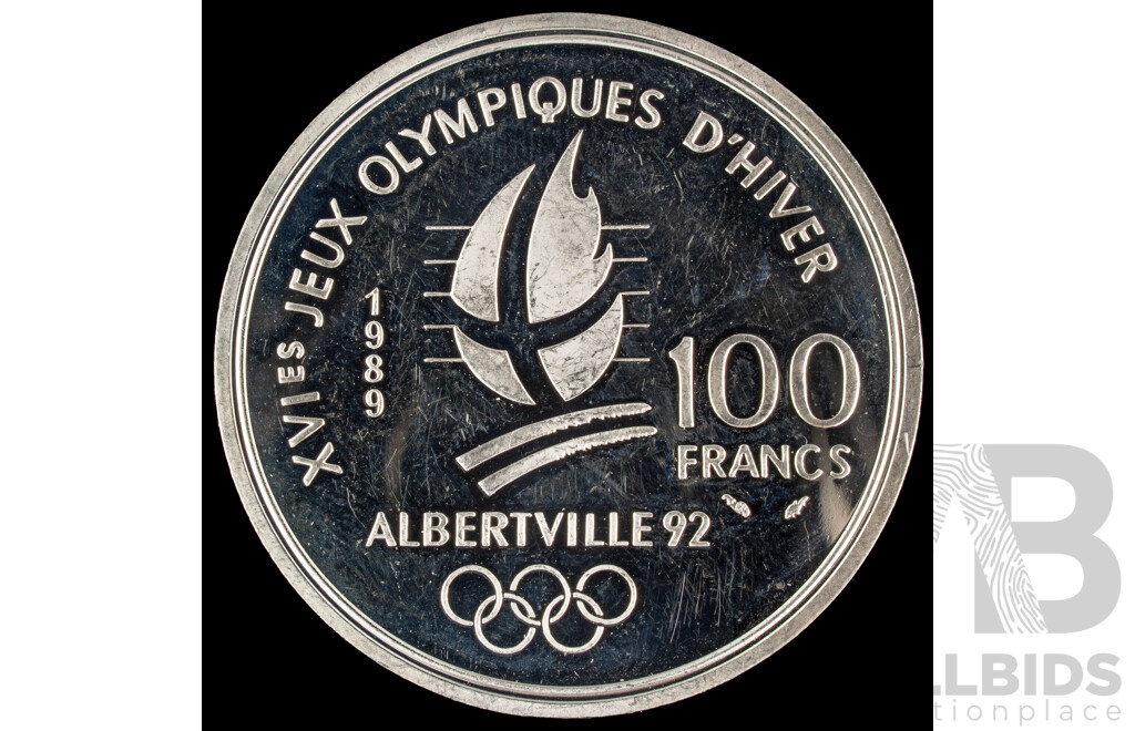 France 1989 Silver One Hundred Francs Coin, Winter Olympics, Ice Skating .900