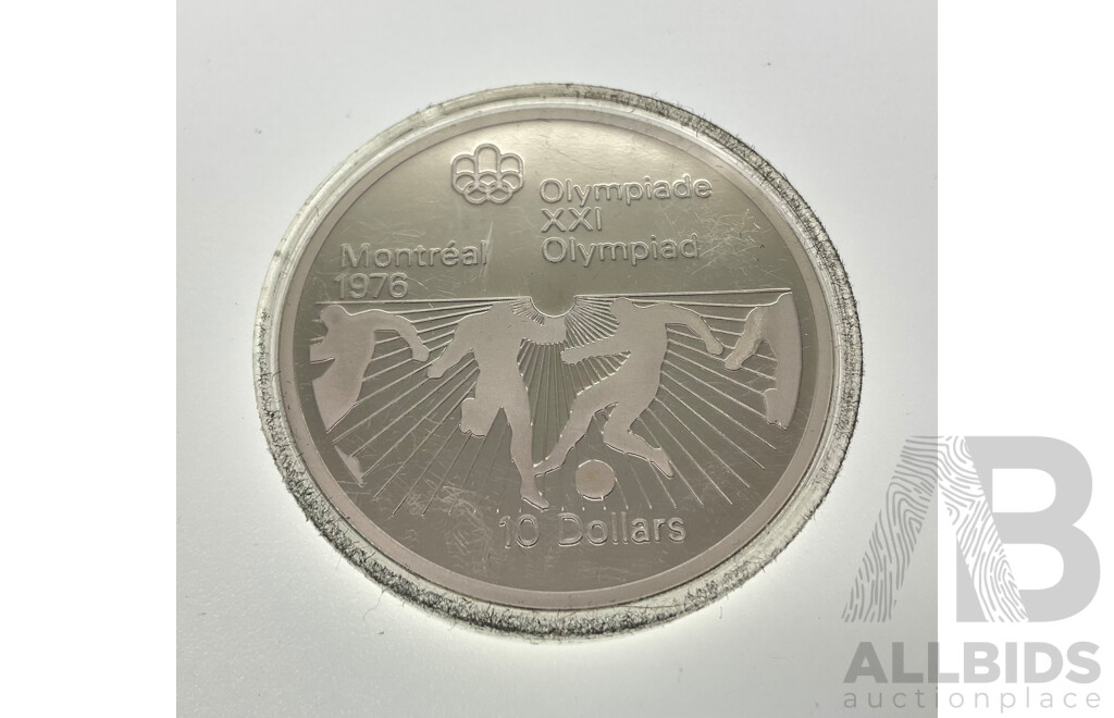 Canada 1976 Silver Proof Ten Dollar Coin, Montreal Olympics, Soccer .925