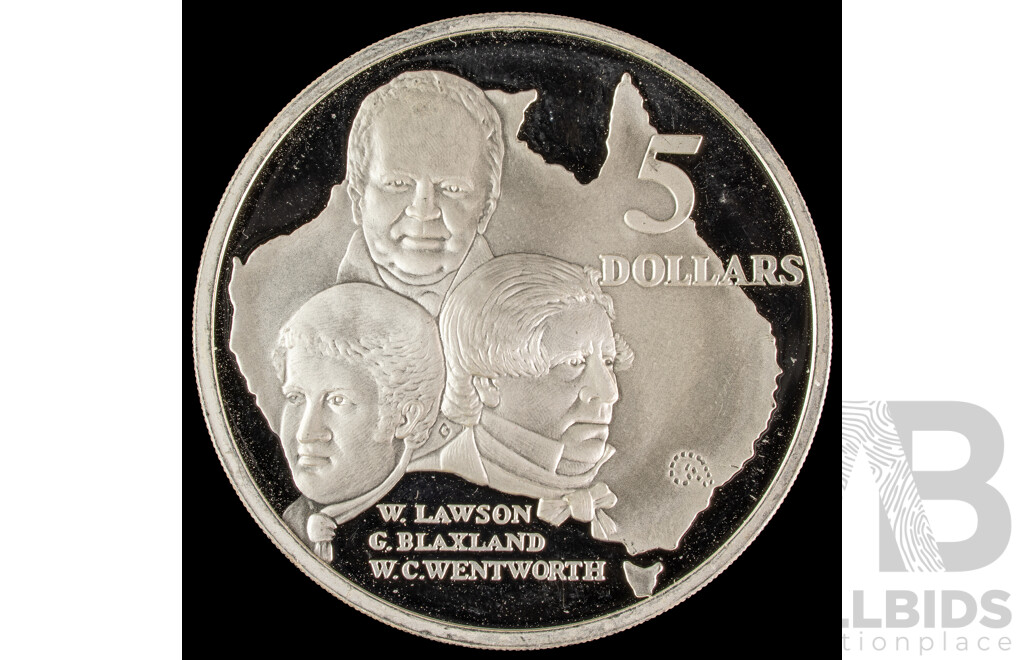 Australian 1993 Silver Five Dollar Coin, Lawson, Blaxland, Wentworth .925 Silver