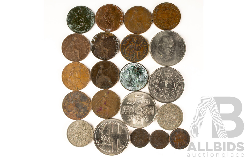 Collection of Great Britain Coins Including Pennies and Half Pennies Spanning 1826 to 1964, Commemorative Crowns, UNC Falkland Islands Fifty Pence