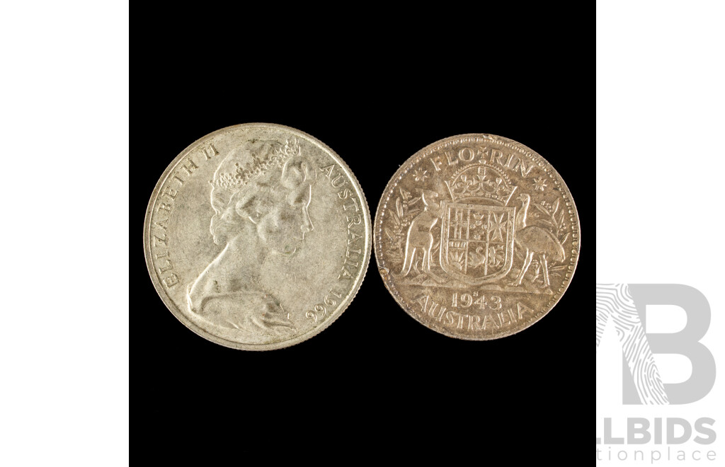 Australian 1966 Round Fifty Cent Coin and 1943S Silver Florin