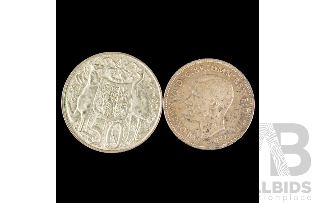 Australian 1966 Round Fifty Cent Coin and 1943S Silver Florin