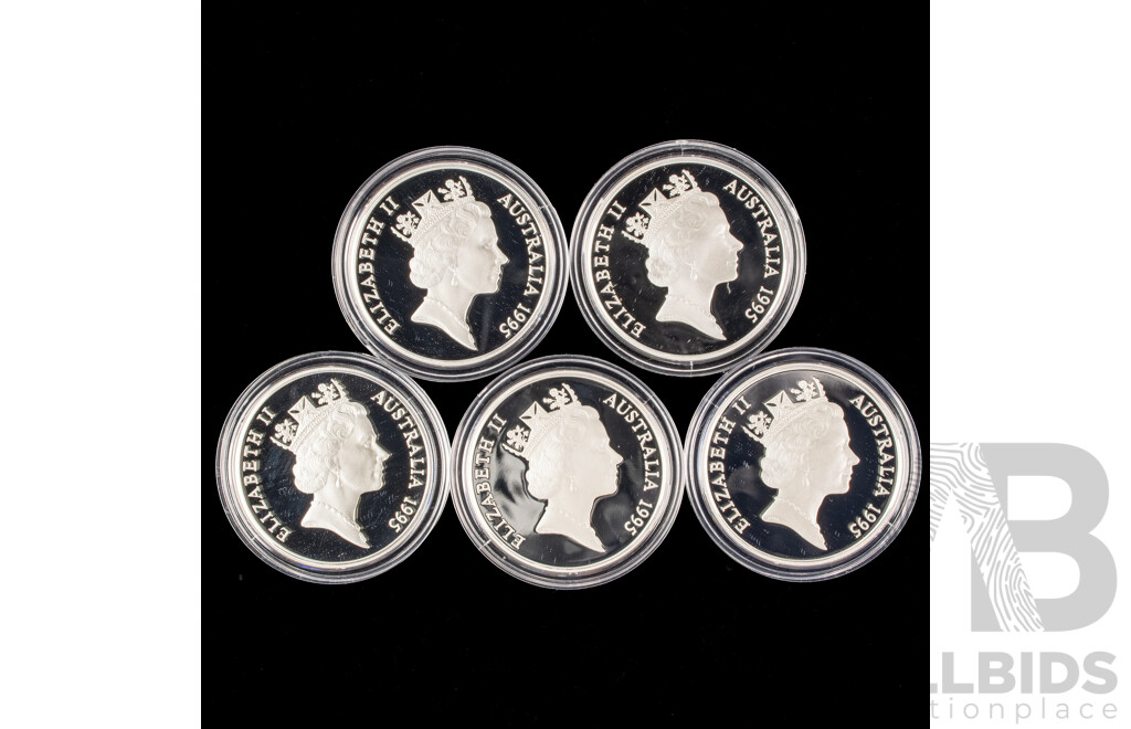 Australian 1995 Masterpieces in Silver Five Silver Proof Five Dollar Coins, Colonial Australia .925