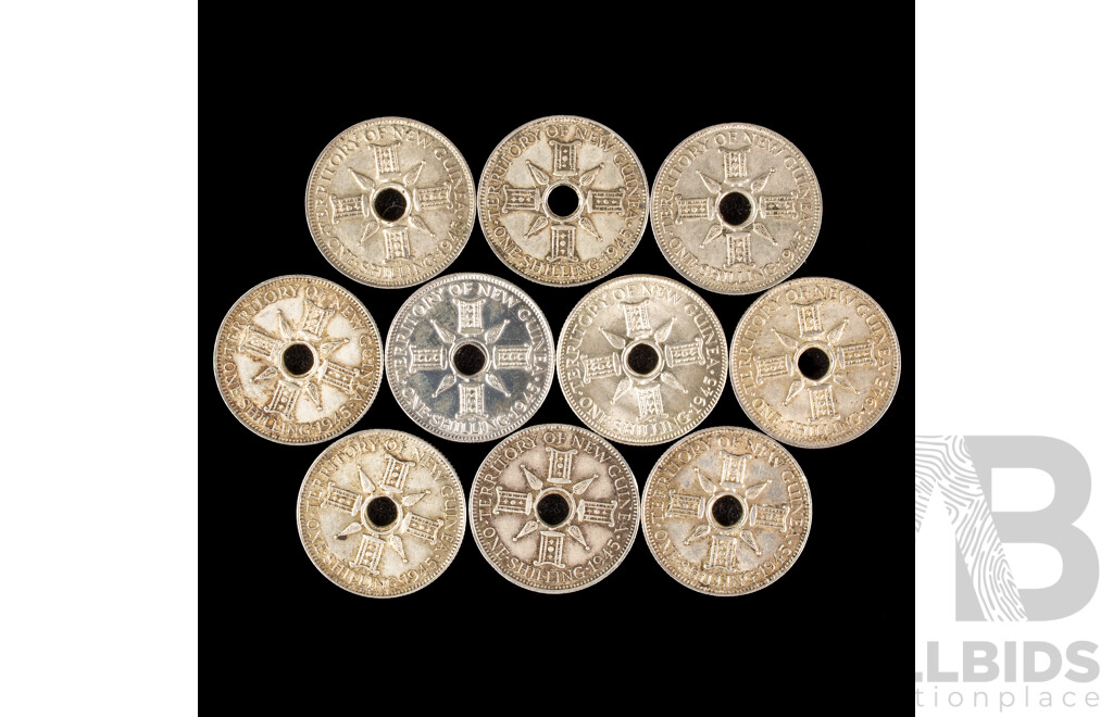 Ten Papua New Guinea 1945 Silver Shillings .925