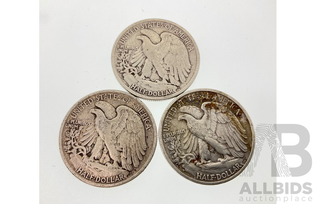 Three USA Silver Half Dollars, Walking Liberty, 1944, 1944, 1946 .900