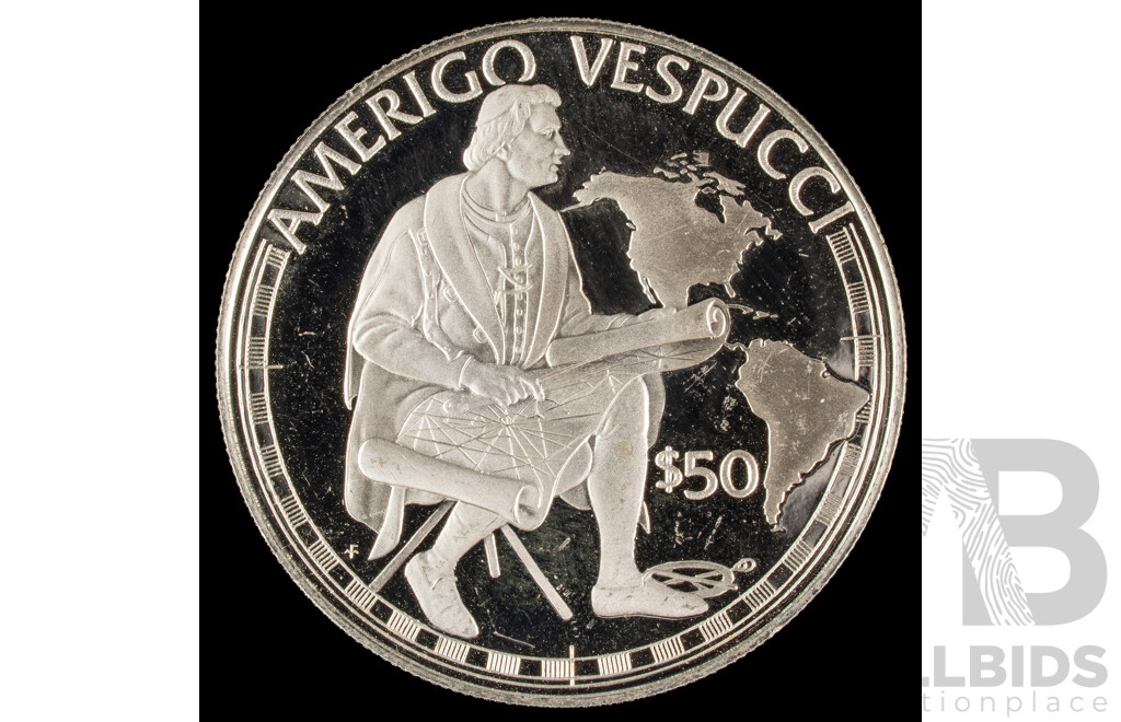Cook Islands 1988 Silver Fifty Dollar Coin, Great Explorers Series, Amerigo Vespucci .925