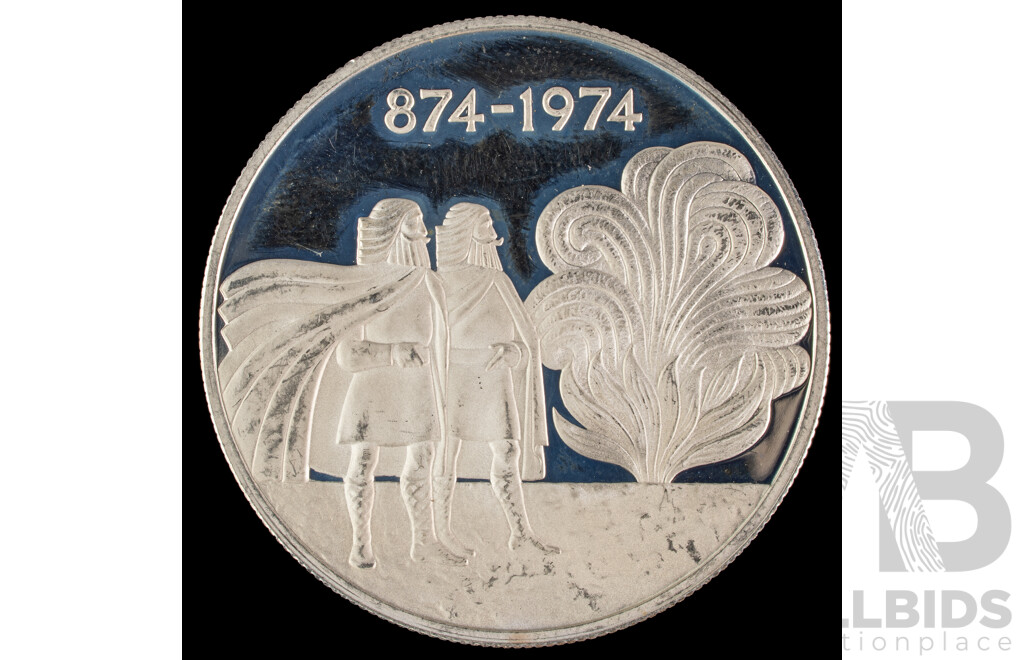Iceland 1974 Silver One Thousand Kronur Coin, Commemorative 1100th Anniversary of the First Settlement on the Island .925