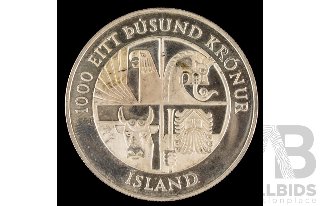 Iceland 1974 Silver One Thousand Kronur Coin, Commemorative 1100th Anniversary of the First Settlement on the Island .925