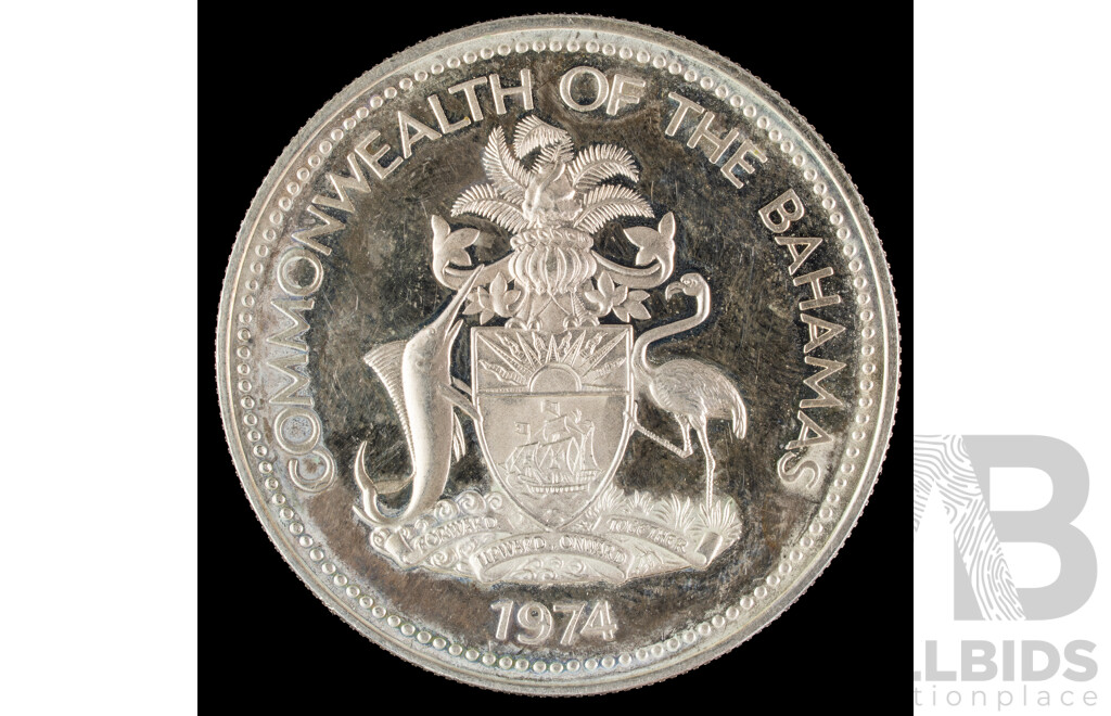 Bahamas 1974 Silver One Dollar Coin, National Coat of Arms .800