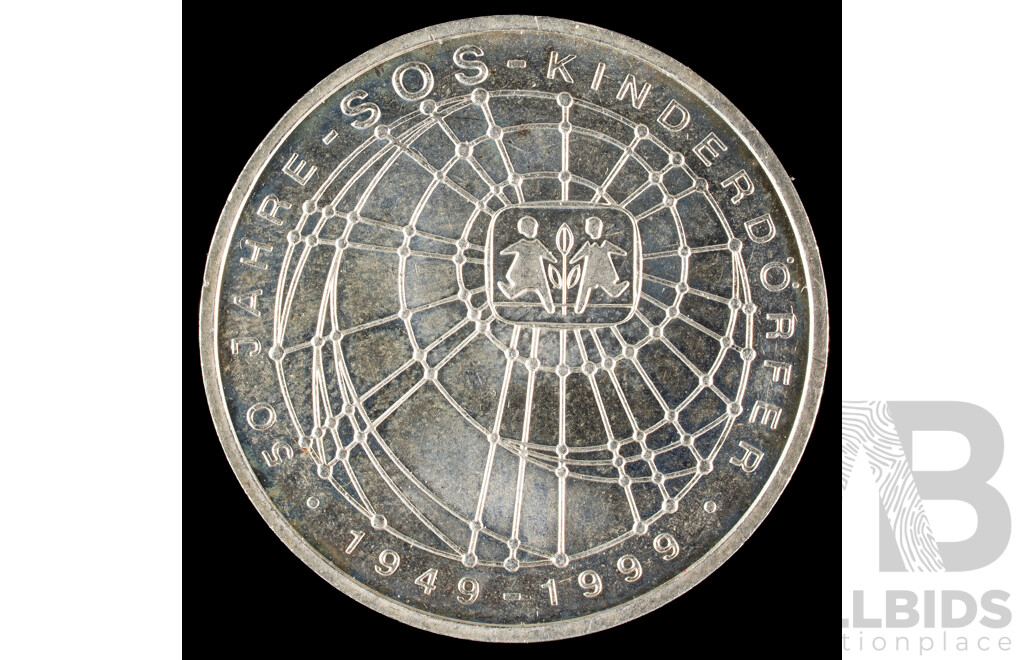 Germany 1999 Silver Ten Deutschmark Coin, 50 Years SOS Kinderdörfer .925