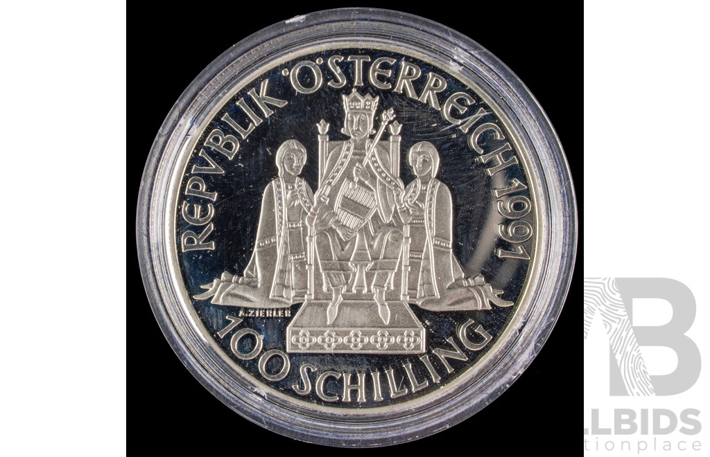 Austrian 1991 Silver One Hundred Schilling Coin, Millennium Series 996-1996  .900