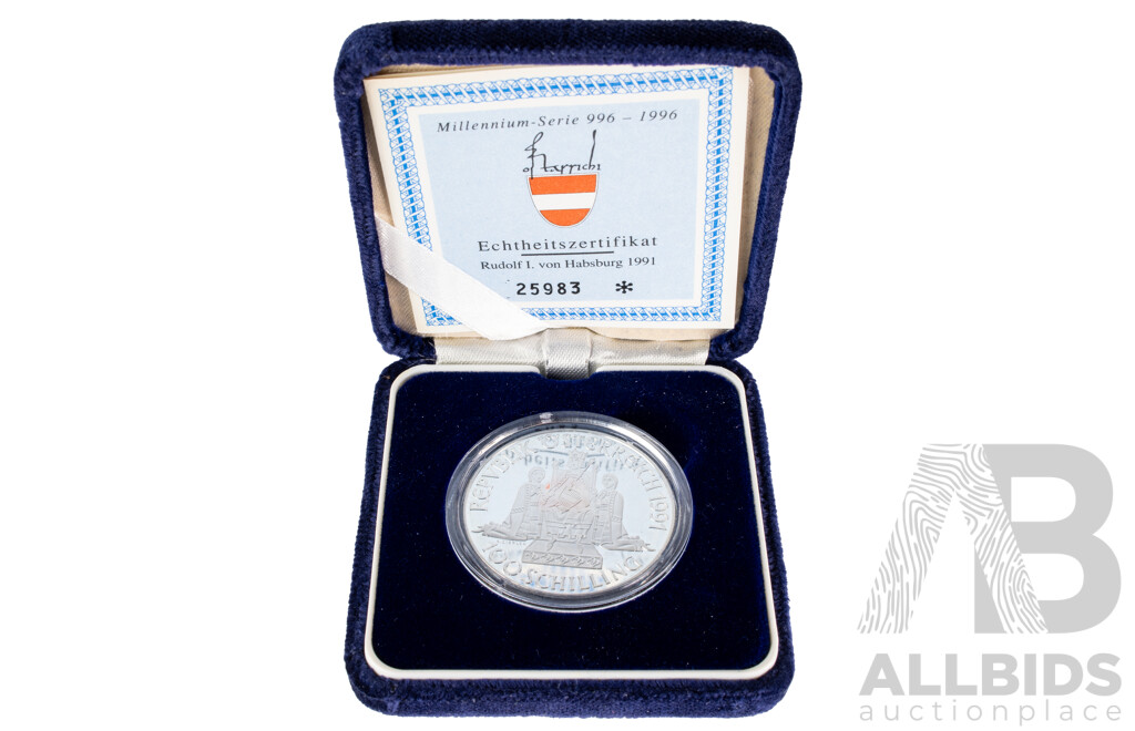 Austrian 1991 Silver One Hundred Schilling Coin, Millennium Series 996-1996  .900