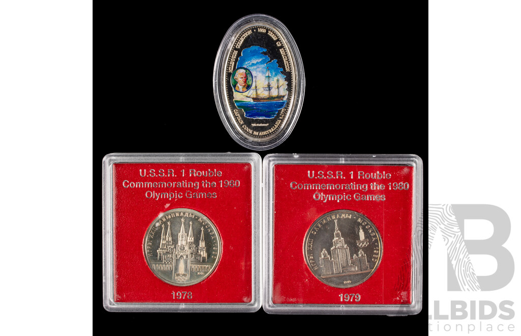 U.S.S.R 1978 and 1979 One Rouble Coins Commemorating Moscow Olympics, Zambia 2000, One Thousand Years of Exploration 1000 Kwacha Coloured Coin