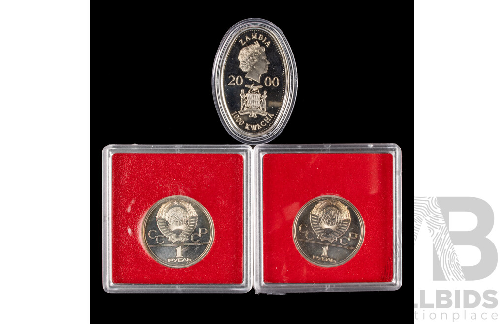 U.S.S.R 1978 and 1979 One Rouble Coins Commemorating Moscow Olympics, Zambia 2000, One Thousand Years of Exploration 1000 Kwacha Coloured Coin