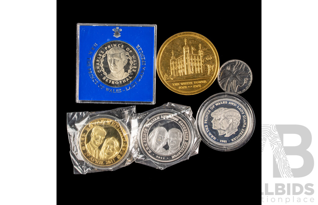 United Kingdom 1981 Twenty Five New Pence and Medallion, Prince of Wales and Lady Diana Spencer Wedding, Royal Mint QE2 Diamond Jubilee and HM Tower of London Medallion, Two 2011 Prince William and Catherine Middleton Wedding Medallions