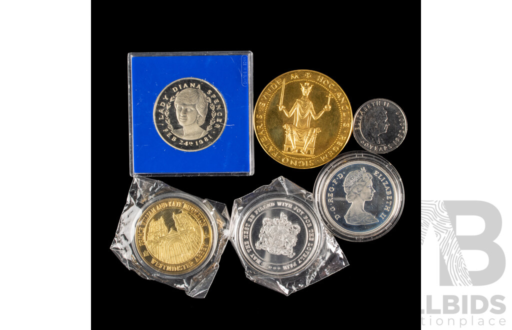 United Kingdom 1981 Twenty Five New Pence and Medallion, Prince of Wales and Lady Diana Spencer Wedding, Royal Mint QE2 Diamond Jubilee and HM Tower of London Medallion, Two 2011 Prince William and Catherine Middleton Wedding Medallions