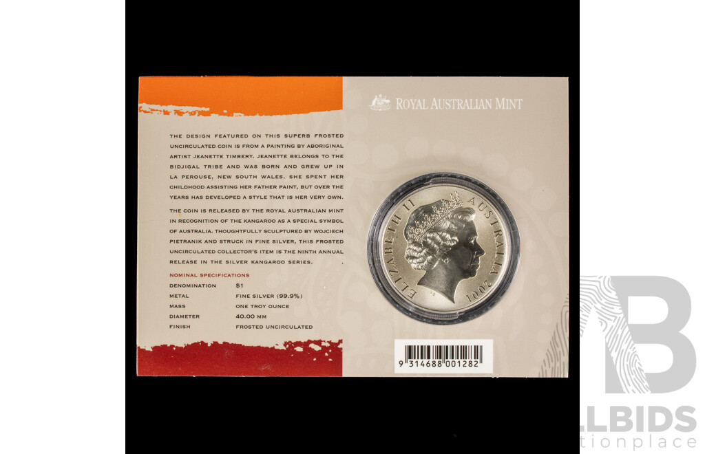 Australian RAM 2001 Silver Frosted One Dollar Coin, Silver Roo .999