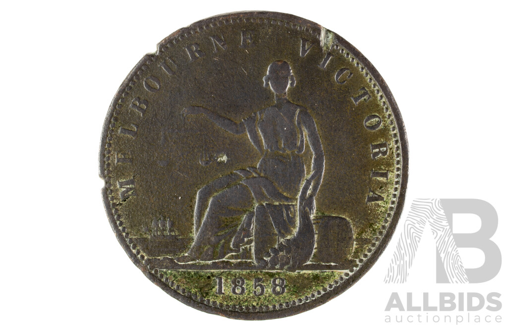 Australian 1858 Melbourne Victoria Peace & Plenty Copper Coin