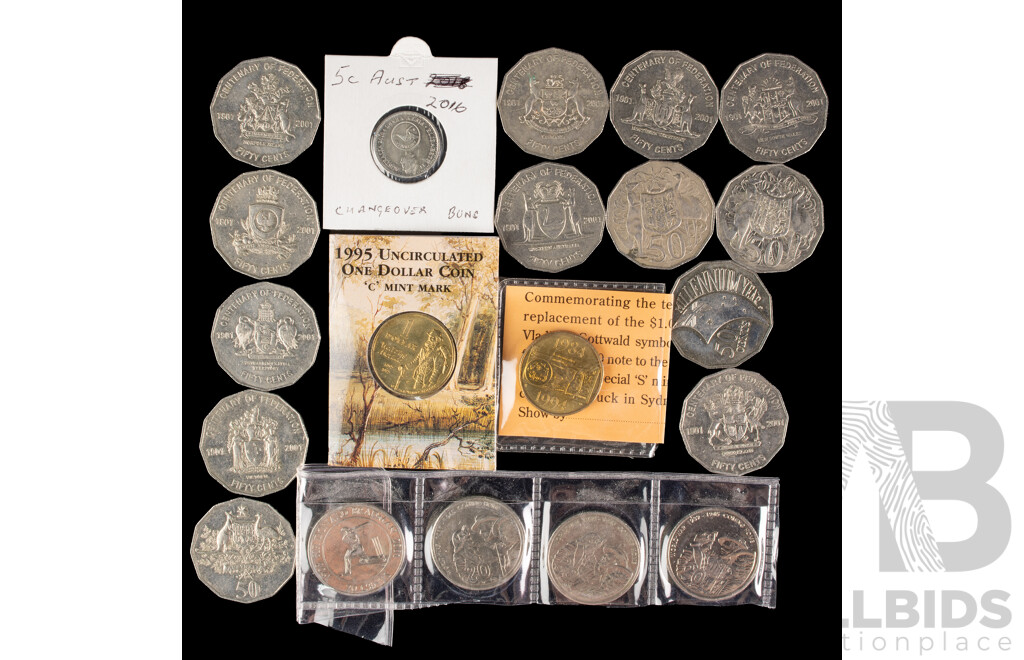Australian 2001 Federation Commemorative Fifty Cent Coin Set with 2000 Millenium, Twenty Cent 2005 Coming Home(3) 2001 Bradman, 2016 Five Cent 50 Years Decimal Currency.........