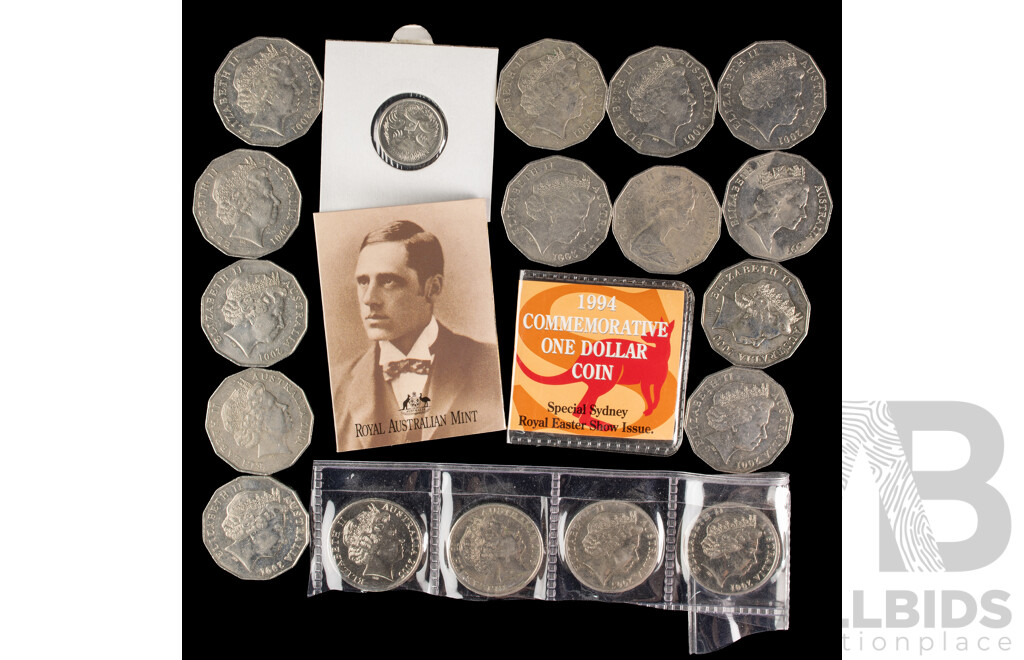 Australian 2001 Federation Commemorative Fifty Cent Coin Set with 2000 Millenium, Twenty Cent 2005 Coming Home(3) 2001 Bradman, 2016 Five Cent 50 Years Decimal Currency.........