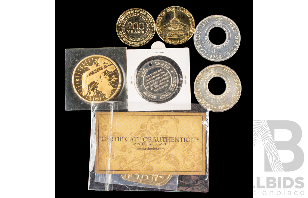 Australian 1988 Royal Visit Medallion, First State Darling Harbour Medallion, Two 1970 Holey Dollar Replica, Sea World One Dolphin Ride Token, 1989 Whitbread Round the World Race, SSB Mint Ingot Tag