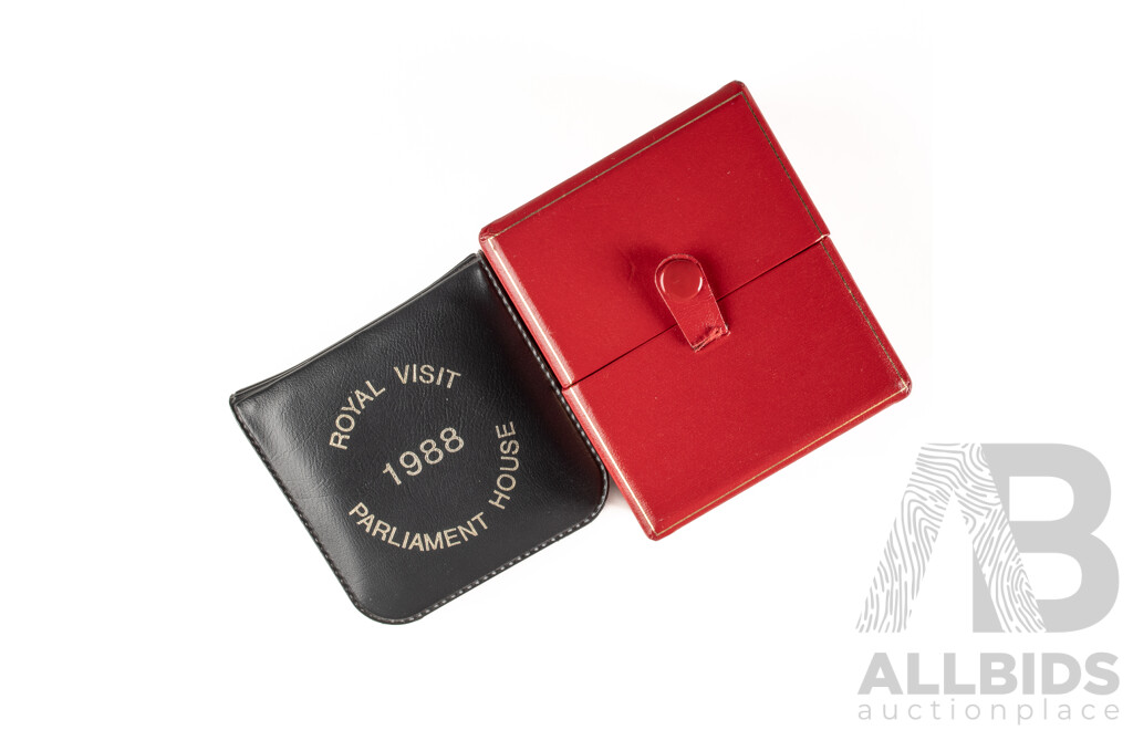 Australian 1988 Royal Visit Medallion, First State Darling Harbour Medallion, Two 1970 Holey Dollar Replica, Sea World One Dolphin Ride Token, 1989 Whitbread Round the World Race, SSB Mint Ingot Tag