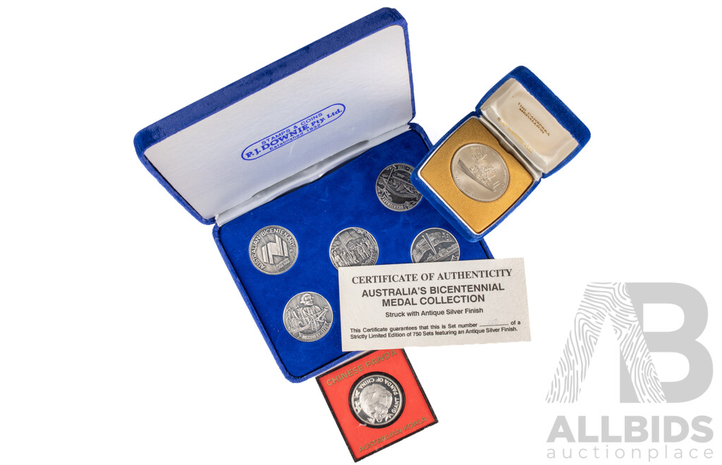 Australian Downies Bicentennial Medal Collection, RAM 1981 HMAS Canberra Commissioning Medal, Chinese Panda/Australian Panda Coin